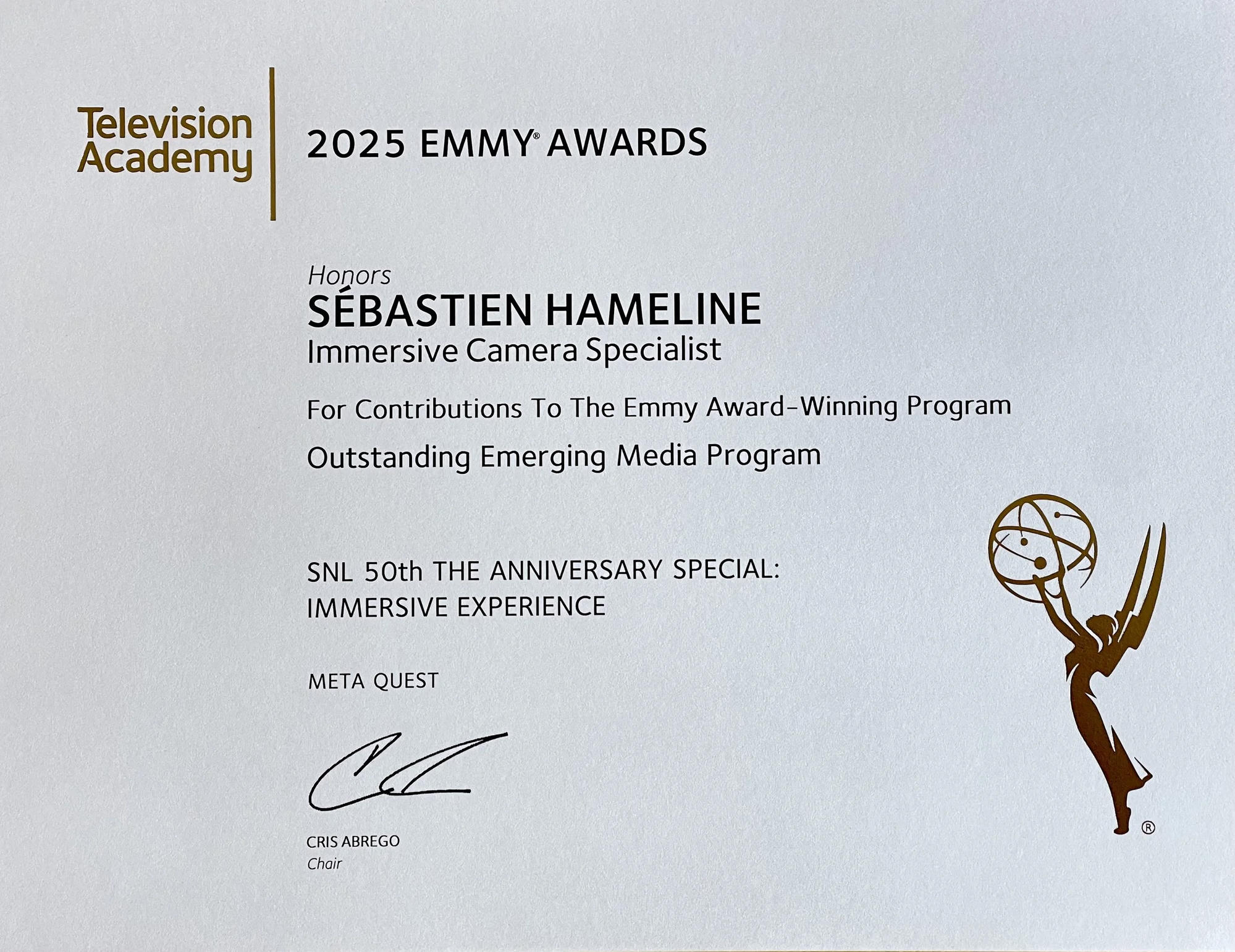 2025 Emmy Award certificate — Sébastien Hameline, Immersive Camera Specialist