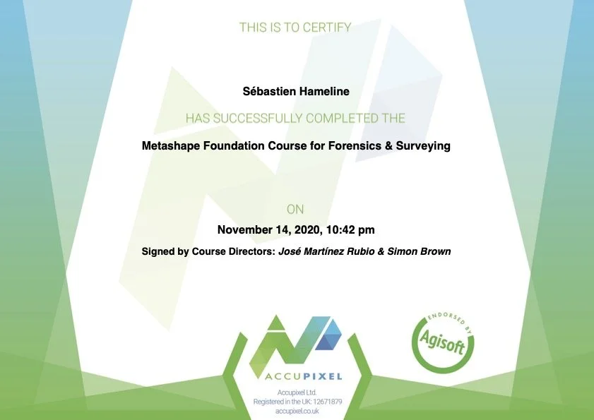Metashape Foundation Course Certificate — Sébastien Hameline, Accupixel / Agisoft